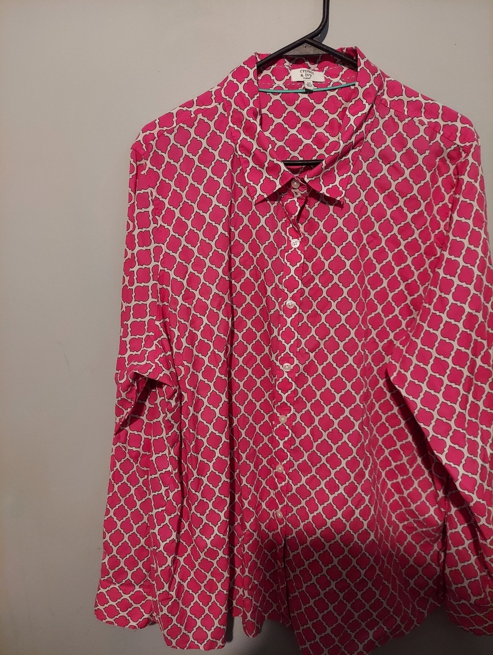 Crown & Ivy Printed Button-Up Top Shirt Blouse Size 3X Pink 100% Cotton Preppy